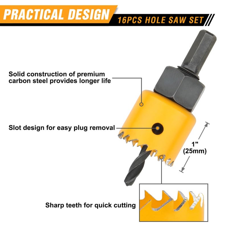 HOTECHE 16Pcs Hole Saw Set with 12 Hole Saws (3/4" to 5") - Complete Kit for Woodworking, Metalworking, Plumbing, and More - Image 3